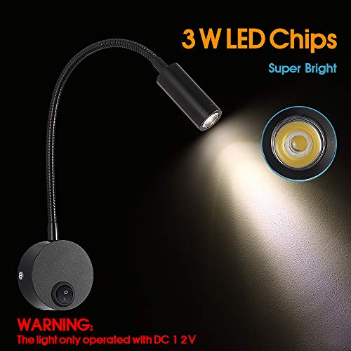 WisHomee DC 12V Reading Light with USB Charging Port, RV Interior Lights, Flexible LED Light Fixtures, Designed for Camper, Van, Boat and Motorhome (Black)