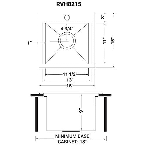Ruvati 15 x 15 inch Workstation Drop-in Topmount Bar Prep RV Sink 16 Gauge Stainless Steel - RVH8215