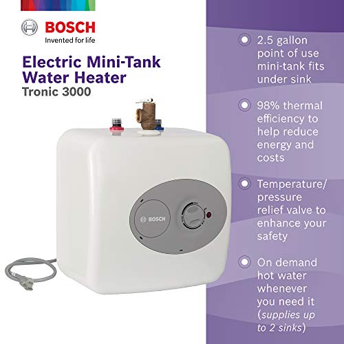 Bosch Electric Mini-Tank Water Heater Tronic 3000 T 2.5-Gallon (ES2.5) - Eliminate Time for Hot Water - Shelf, Wall or Floor Mounted