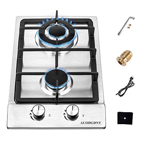 Gas Stove Gas Cooktop 2 Burners,12 Inches Portable Stainless Steel Built-in Gas Hob LPG/NG Dual Fuel Easy to Clean for RVs, Apartments, Outdoor