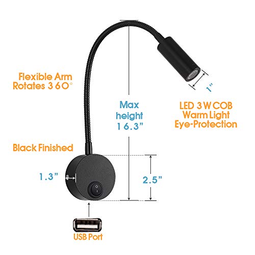 WisHomee DC 12V Reading Light with USB Charging Port, RV Interior Lights, Flexible LED Light Fixtures, Designed for Camper, Van, Boat and Motorhome (Black)