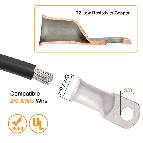 SVAAR 10pcs 2/0 AWG - 3/8'' Tinned Copper Cable Lugs Wire Lugs UL Listed 00 Gauge Ring Terminals Wire Lugs Battery Cable Ends Heavy Duty Closed End Crimp Connectors with 10pcs 3:1 Heat Shrink Tubings