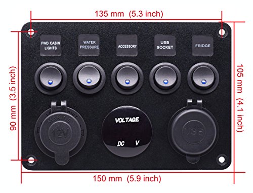 Cllena Dual USB Socket Charger 2.1A&2.1A + LED Voltmeter + 12V Power Outlet + 5 Gang ON-Off Toggle Switch Multi-Functions Panel for Car Boat Marine RV Truck Camper Vehicles GPS Mobiles (Blue)