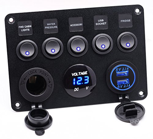 Cllena Dual USB Socket Charger 2.1A&2.1A + LED Voltmeter + 12V Power Outlet + 5 Gang ON-Off Toggle Switch Multi-Functions Panel for Car Boat Marine RV Truck Camper Vehicles GPS Mobiles (Blue)