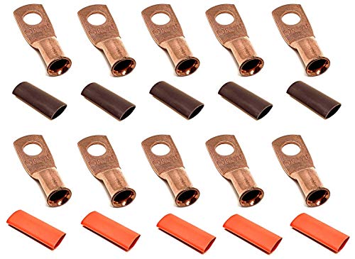 10pcs 6 Gauge 6 AWG x 5/16” Pure Copper Cable Lug Terminal Ring Connectors with Dual Wall Adhesive Lined Red + Black Heat Shrink Tubing – by WNI