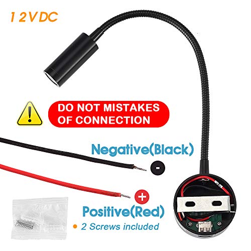 WisHomee DC 12V Reading Light with USB Charging Port, RV Interior Lights, Flexible LED Light Fixtures, Designed for Camper, Van, Boat and Motorhome (Black)