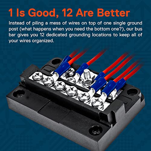 12-Way Modular Ground Terminal Block [Expand With Up To 12 Fuses] [Protective Cover] [Copper Bus Bar] Distribution Block for Truck Boat Automotive