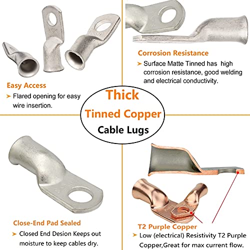 SVAAR 10pcs 2/0 AWG - 3/8'' Tinned Copper Cable Lugs Wire Lugs UL Listed 00 Gauge Ring Terminals Wire Lugs Battery Cable Ends Heavy Duty Closed End Crimp Connectors with 10pcs 3:1 Heat Shrink Tubings