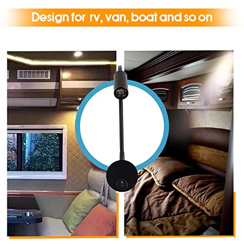 WisHomee DC 12V Reading Light with USB Charging Port, RV Interior Lights, Flexible LED Light Fixtures, Designed for Camper, Van, Boat and Motorhome (Black)